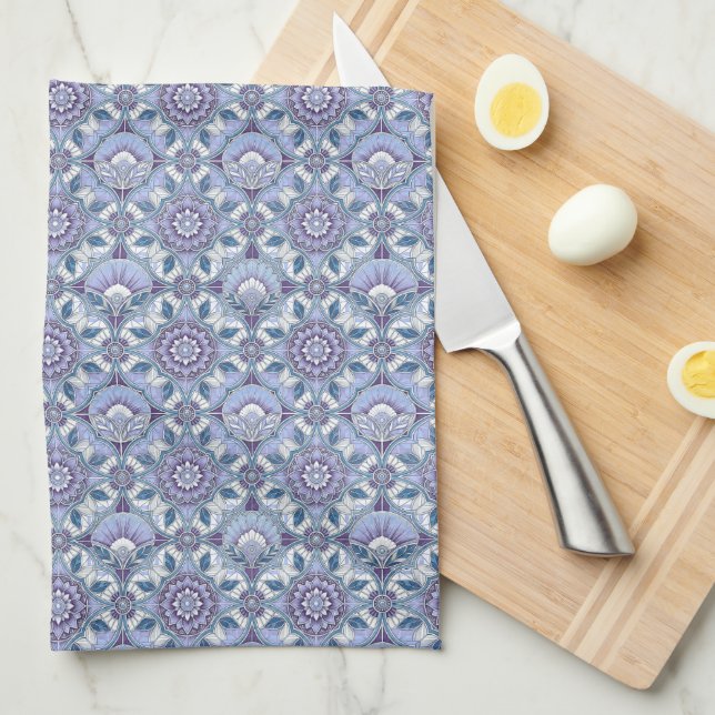 Violet, Lavender, Lilac, Blues & White Art Deco Kitchen Towel (Quarter Fold)