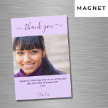 Violet lavender photo script thank you magnet<br><div class="desc">A violet,  lavender background colour.  White,  large hand lettered script with swashes and the text: Thank You. Personalize and add your photo,  thank you note and name. Purple text.</div>
