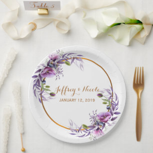 Violet Lavender Poppy Watercolor Flower Wedding Paper Plate