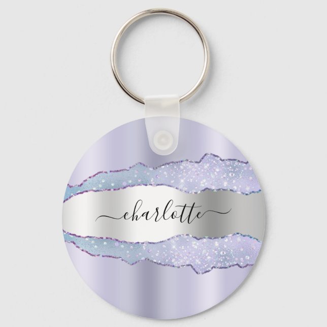 Violet lavender silver metal agate marble name keychain (Front)