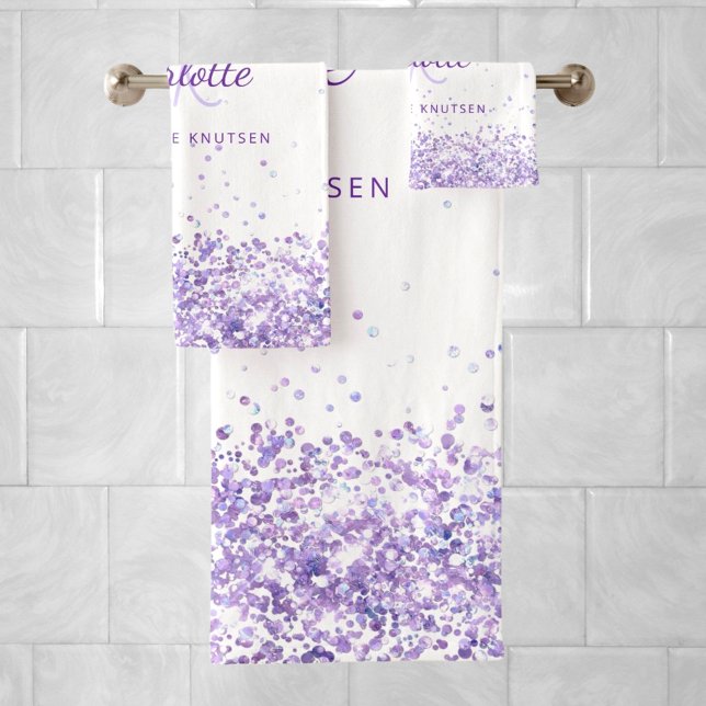 Violet lavender white name monogram bath towel set (Creator Uploaded)