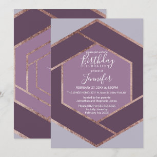 Violet Lilac Purple Rose Gold Hexagon Birthday Invitation