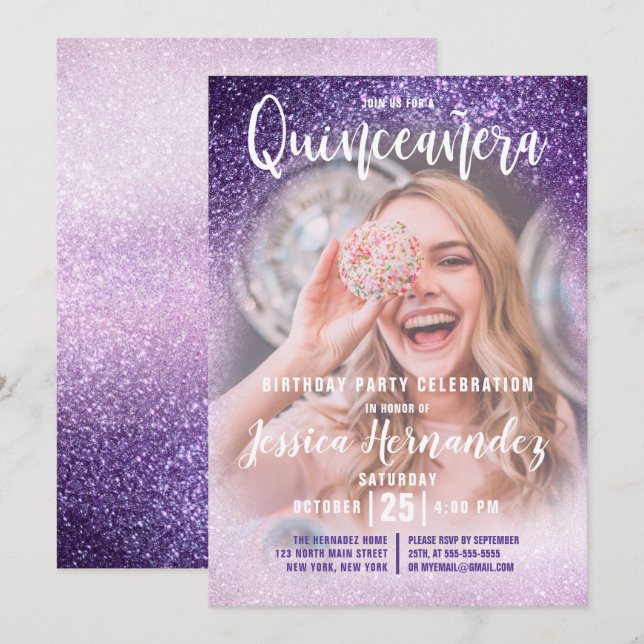 Violet Lilac Triple Glitter Photo Quinceañera Invitation (Front/Back)