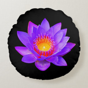 Violet Lotus Flower on Black Round Pillow
