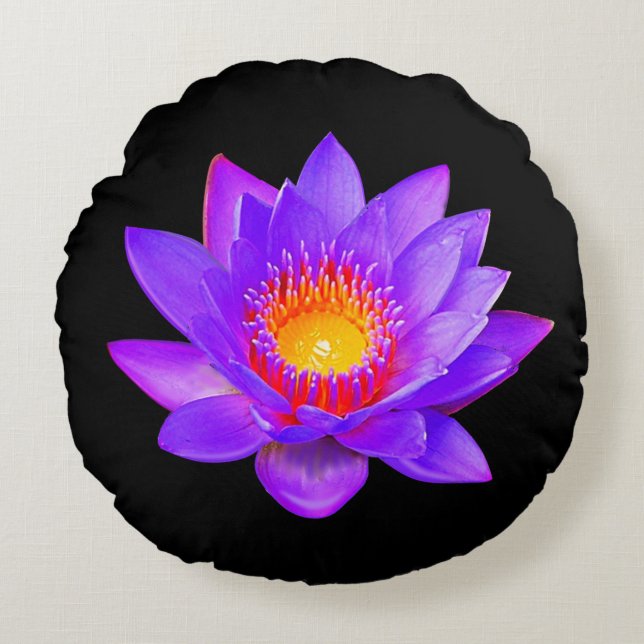 Violet Lotus Flower on Black Round Pillow (Front)