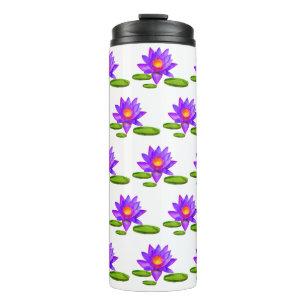 Violet Lotus Flowers & Lily Pads on White Thermal Tumbler