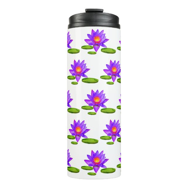 Violet Lotus Flowers & Lily Pads on White Thermal Tumbler (Front)