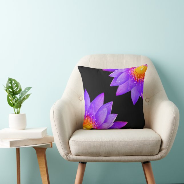 Violet Lotus Flowers on Black Throw Pillow (Chair)