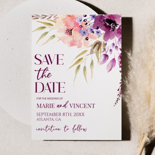 Violet Magenta Floral Flower Wedding Save The Date Invitation (Creator Uploaded)