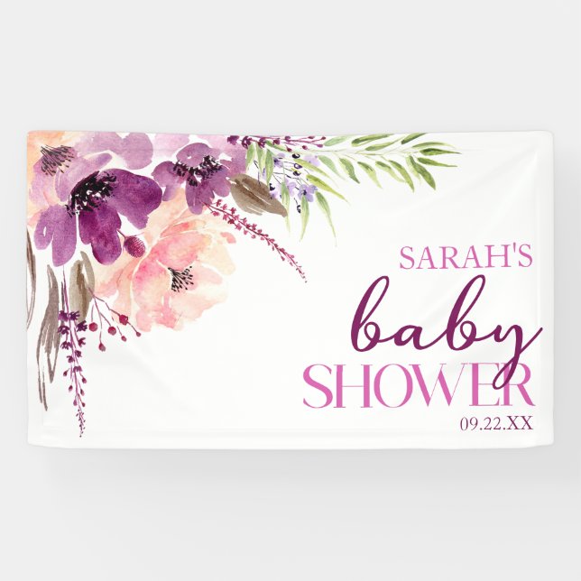 Violet Magenta Purple Floral Baby Shower Banner (Horizontal)