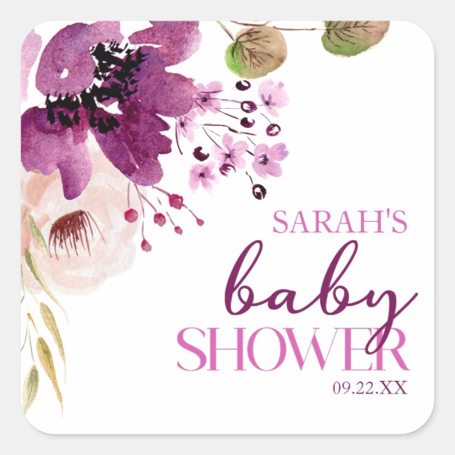 Violet Magenta Purple Floral Baby Shower Square Sticker (Front)