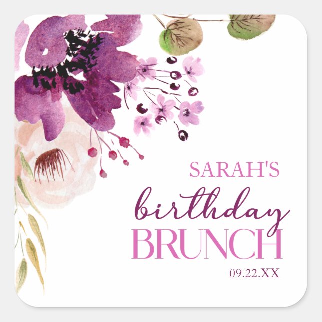 Violet Magenta Purple Floral Birthday Brunch Square Sticker (Front)