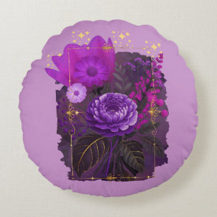 Violet Magical Floral Bouquet in Golden Frame Round Pillow