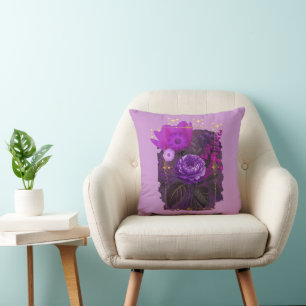 Violet Magical Floral Bouquet in Golden Frame Throw Pillow
