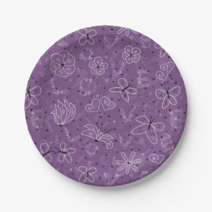 Violet Mauve Butterfly LOVE - seamless pattern. Paper Plate