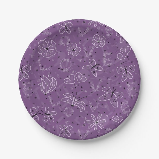 Violet Mauve Butterfly LOVE - seamless pattern.   Paper Plate (Front)