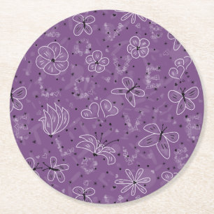 Violet Mauve Butterfly LOVE - seamless pattern. Round Paper Coaster