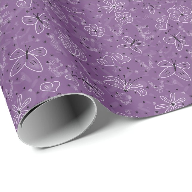 Violet Mauve Butterfly LOVE - seamless pattern. Wrapping Paper (Roll Corner)