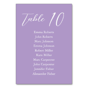Violet Minimalist Script Wedding Seating Plan Table Number
