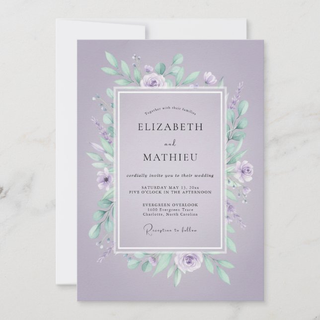Violet Mint Leafy Wedding Invitation (Front)