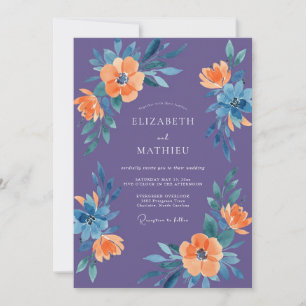 Violet Orange Botanical Watercolor Wedding Invitation