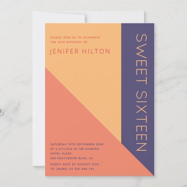 Violet orange colour block sweet sixteen invitation (Front)
