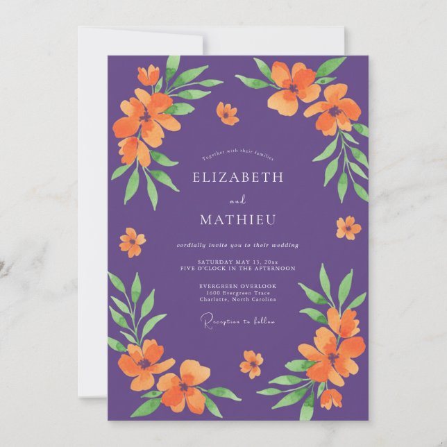 Violet Orange Poppy Wedding Invitation (Front)