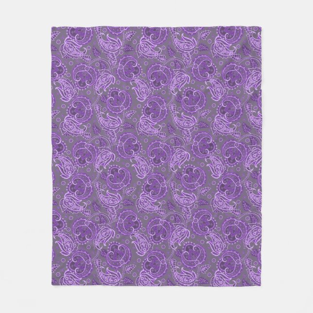 Violet paisley damask floral oriented ethnic fleece blanket (Front)