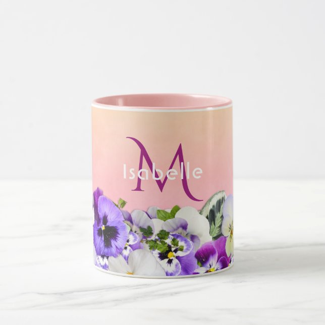 Violet pansies flowers on peach with monogram name mug (Center)