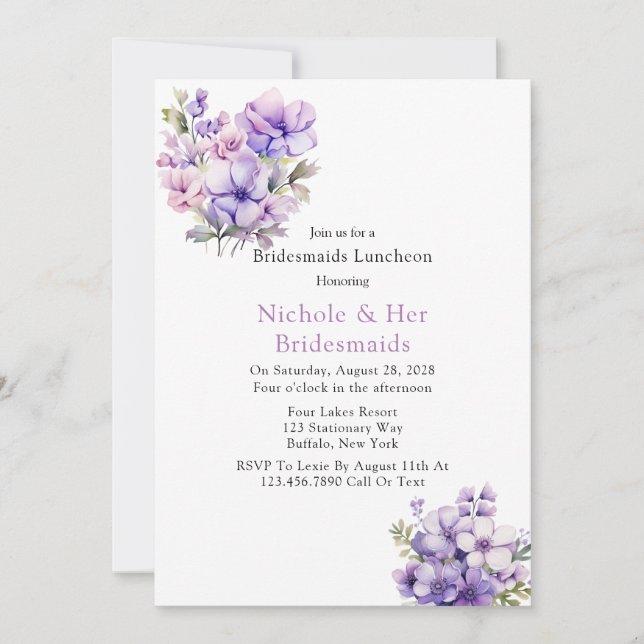 Violet Peony And Roses Bridesmaids Luncheon Invitation (Front)