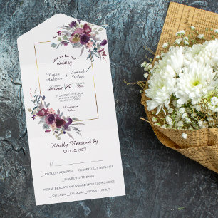 Violet Pink Blue Floral Gold Frame Wedding  All In One Invitation