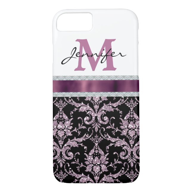 Violet Pink Damask Faux Diamond Monogram Case-Mate iPhone Case (Back)