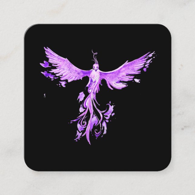 *~*  VIOLET PINK Feathers Phoenix Rising on Black Square Business Card (Front)