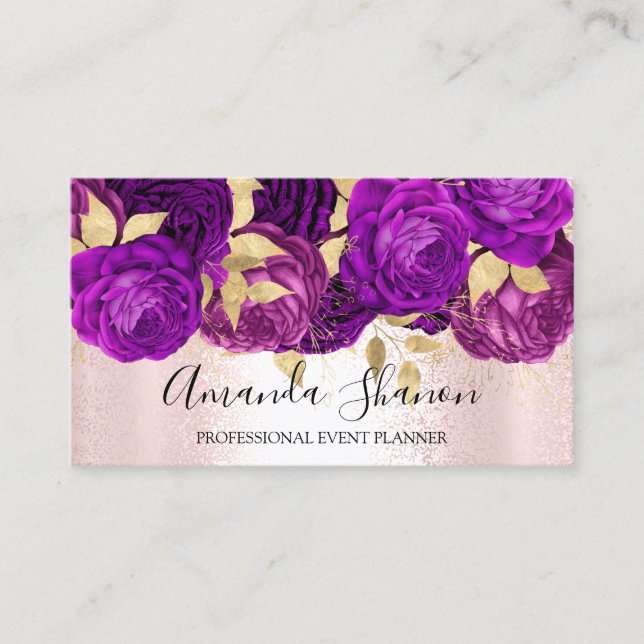 Violet Pink Gold Flower Logo Event Planner QRCode Business Card (Front)