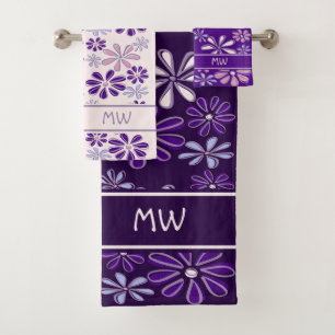 Violet Pink Indigo Flower Doodle Monogrammed Bath Towel Set
