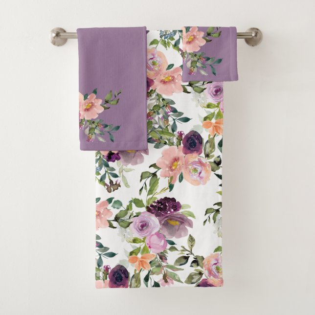 Violet Pink Lavender Roses Pattern Monogram Bath Towel Set (Insitu)
