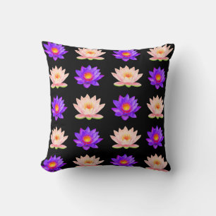 Violet & Pink Lotus Flowers on Black Throw Pillow
