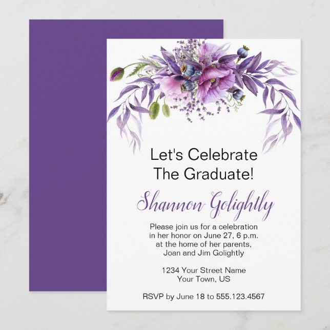 Violet Pink Purple Wildflowers Graduation Party Invitation (Front/Back)