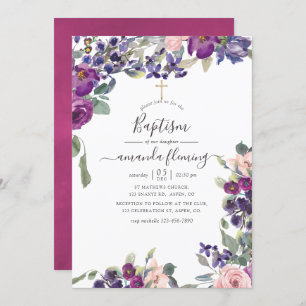 Violet, Plum and Blush Floral Baptism Invitation