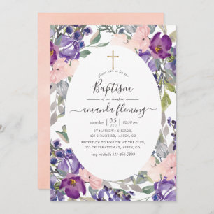 Violet, Plum and Blush Floral Baptism Invitation