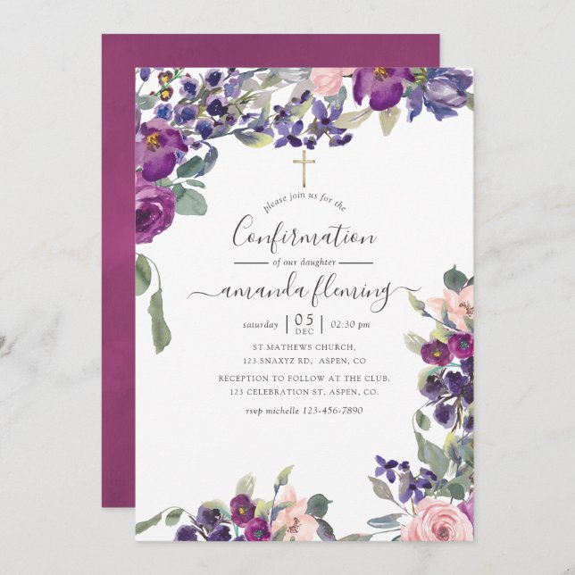 Violet, Plum and Blush Floral Confirmation Invitation (Front/Back)