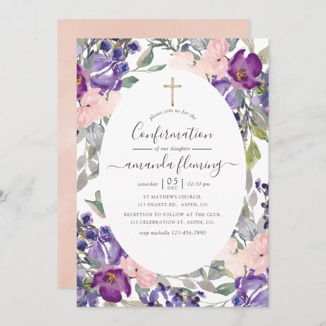 Violet, Plum and Blush Floral Confirmation Invitation (Front/Back)