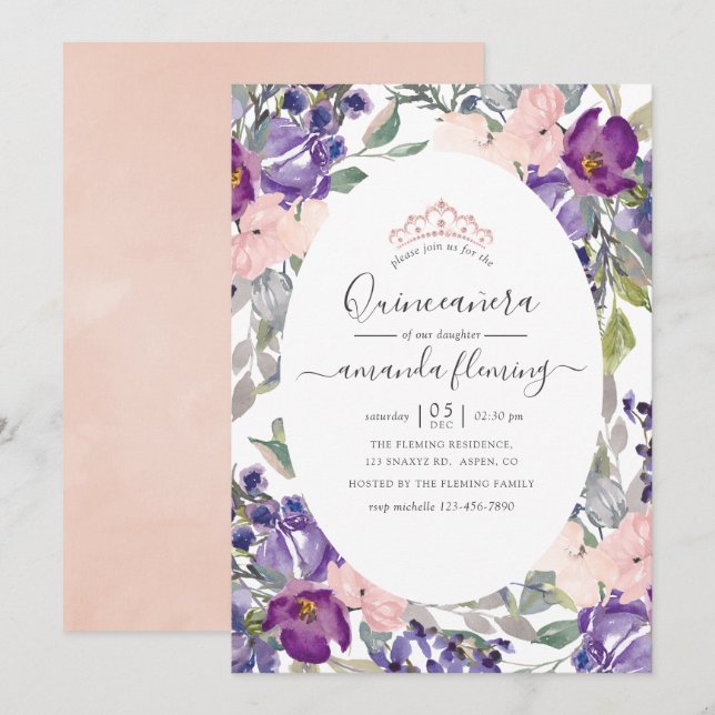 Violet, Plum and Blush Floral Quinceañera Invitation (Front/Back)