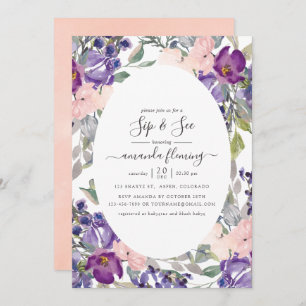 Violet, Plum and Blush Floral Sip and See Invitation