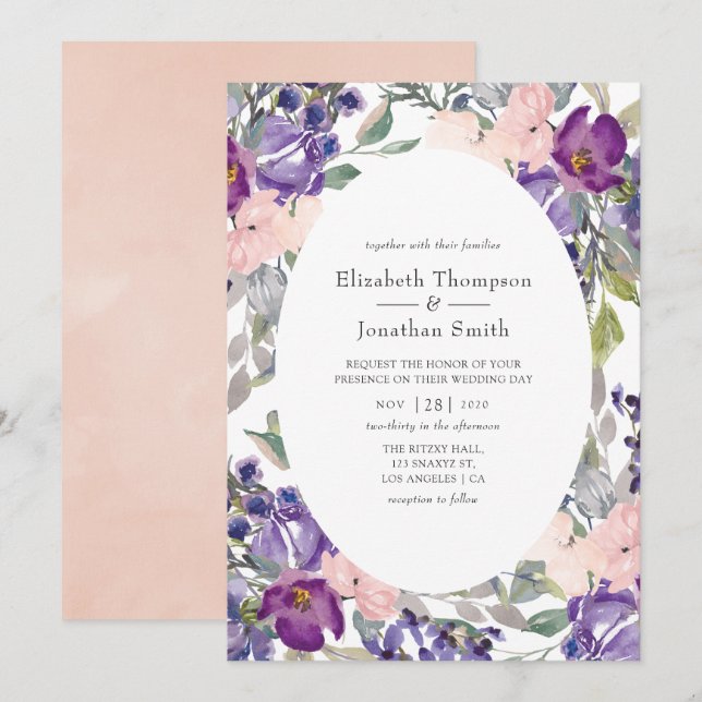 Violet, Plum and Blush Floral Wedding Invitation (Front/Back)