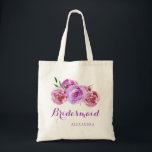 Violet plum purple bouquet wedding bridesmaid tote bag<br><div class="desc">Rustic elegant floral wedding stylish bridesmaid / maid of honour / flower girl tote bag featuring a big pastel pink blush, violet, lilac, mauve and red burgundy peonies bouquet with your custom text. Fill in your information in the spots, You can choose to customize it further changing fonts and colours...</div>