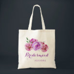 Violet plum purple bouquet wedding bridesmaid tote bag<br><div class="desc">Rustic elegant floral wedding stylish bridesmaid / maid of honour / flower girl tote bag featuring a big pastel pink blush, violet, lilac, mauve and red burgundy peonies bouquet with your custom text. Fill in your information in the spots, You can choose to customize it further changing fonts and colours...</div>