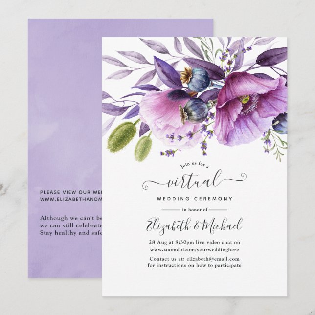 Violet Poppy Floral Online Virtual Wedding Invitation (Front/Back)