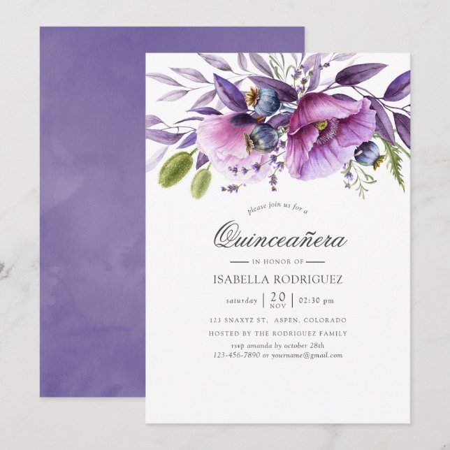 Violet Poppy Floral Quinceañera Invitation (Front/Back)