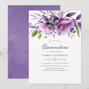 Violet Poppy Floral Quinceañera Invitation